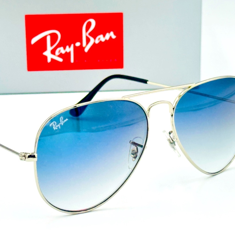 Ray-Ban Aviator Sunglasses RB3025 58-14-145 Silver Metal With Gradient Blue Lens